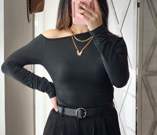 Black Asymmetrical Neckline Long Sleeve Top