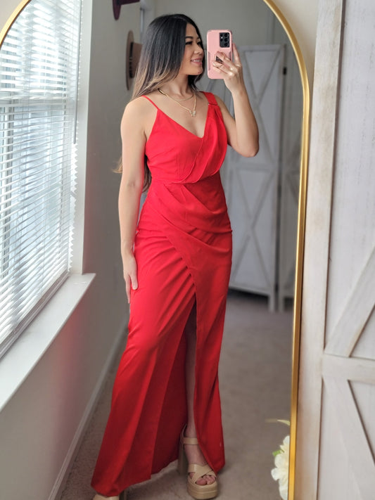 front view of fiery red maxi dress