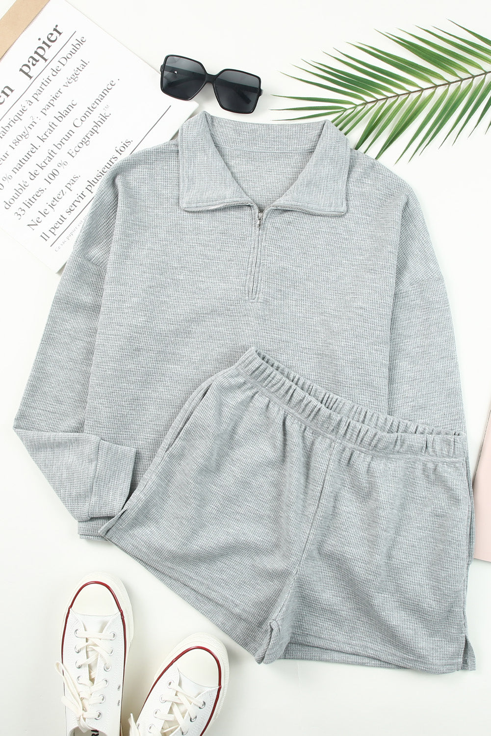 Gray Zipper Sweatshirt Short Set