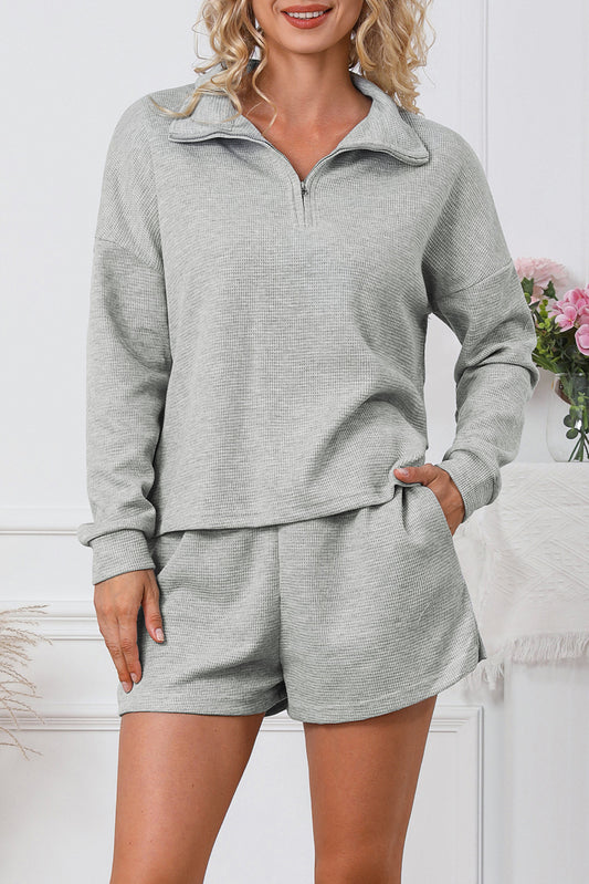 Gray Zipper Sweatshirt Short Set